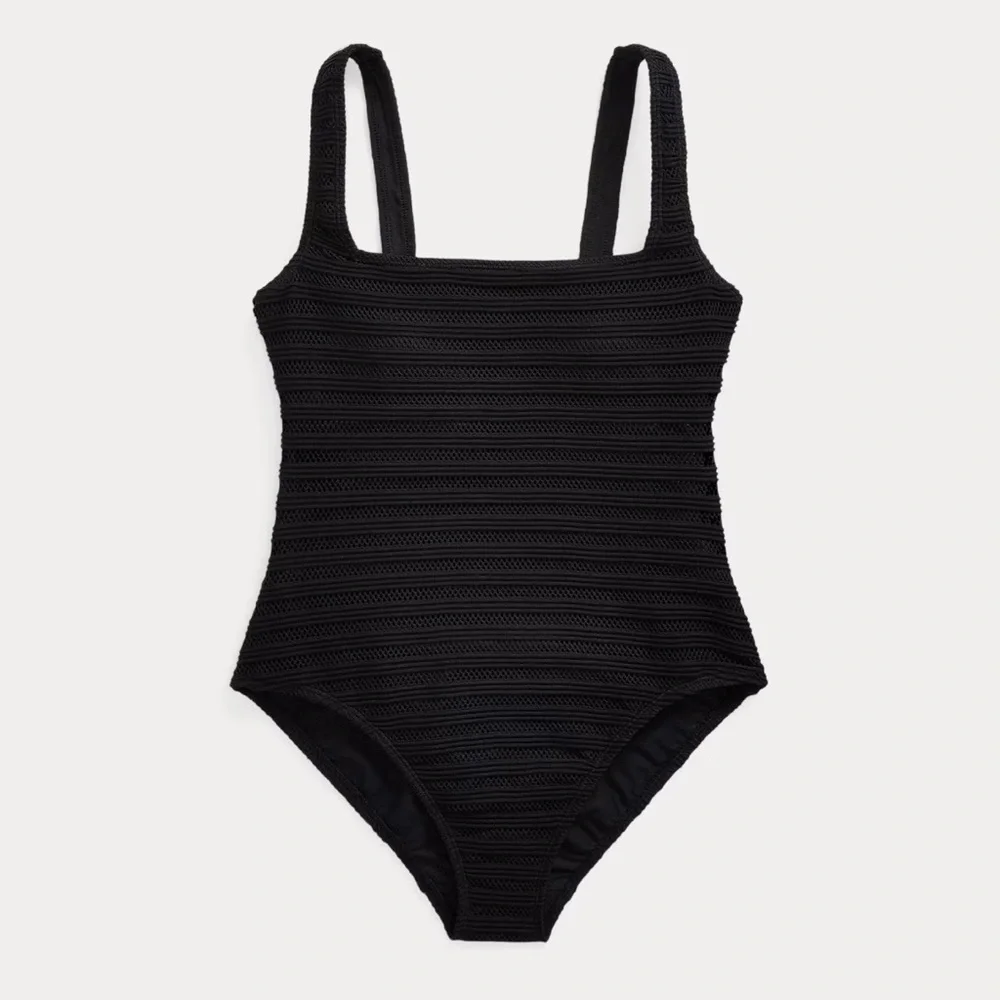 Lauren Ralph Lauren Black Striped Ottoman Mesh One-Piece Swimsuit Size 12